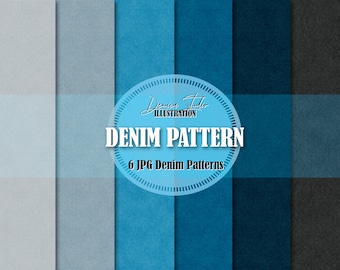 May include: Six different denim patterns in various shades of blue and gray. The patterns are arranged in a grid with a circular logo in the center that reads "Denim Studio Illustration Denim Pattern 6 JPG Denim Patterns".