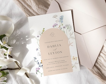 Blush Pink Arch Wedding Invitation: Meadow Flower Wreath
