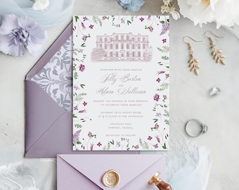 Purple Flower Wedding Invitation: Venue Illustration, Italian Watercolour Card