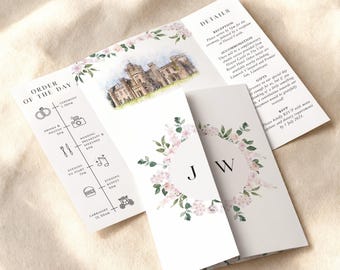Blush Pink Floral Gatefold Wedding Invitation with Custom Venue Illustration, Watercolour drawing, Pink Roses and Orchids