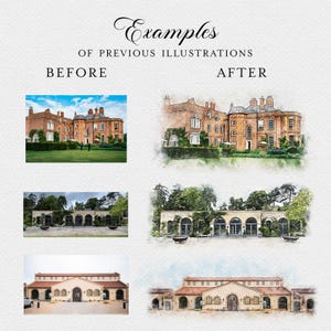 May include: An image showcasing examples of illustrations, with "BEFORE" and "AFTER" comparisons. The "BEFORE" images depict buildings, while the "AFTER" images are artistic watercolor renderings of the same buildings.