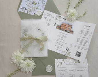 Gabriella | Gatefold Wedding Invitation with minimalist greenery foliage eucalyptus design and a customised venue illustration