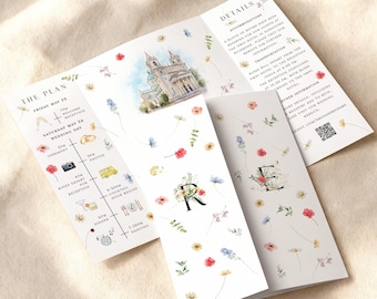 Spring Wildflower Gatefold Wedding Invitation with Custom Watercolour Venue Illustration, Scattered Florals, Watercolor Timeline Icons