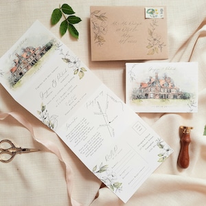 Georgina | Kundenspezifische Hochzeit-Lokal-Illustration, Concertina-Hochzeits-Einladung. Gefaltete Einladung, Gefaltete Einladung, Postkarte Antwortkarten