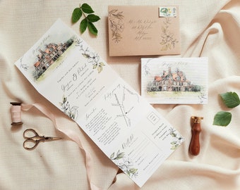 Georgina | Custom Wedding Venue Illustration, Concertina Wedding Invitation. Tri-Fold Invite, Folded Invitation, Postcard RSVP