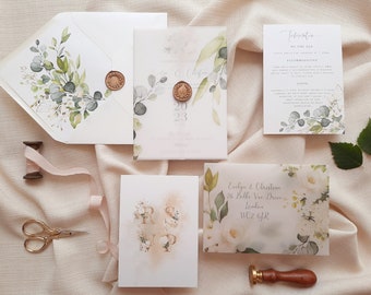 Evelyn | Eucalyptus Pearlescent shimmer Wedding Invitation with Vellum Wrap