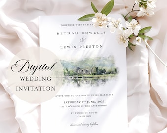 Digital Wedding Invitation with Custom Venue Sketch, Watercolour Illustration, Wedding Invite Template, Building Drawing