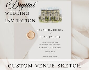 Faire-part de mariage numérique avec croquis personnalisé du lieu, illustration aquarelle, modèle d'invitation de mariage, dessin de bâtiment