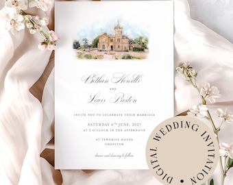 Modèle d'invitation de mariage avec croquis de lieu personnalisé | Illustration aquarelle | Modèle numérique d'invitation de mariage | Dessin de bâtiment