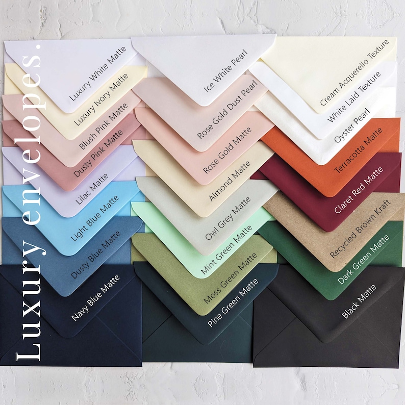 May include: A collection of various colored envelopes, including white, pink, blue, and green, arranged in a grid. Each envelope is labeled with its color and finish, such as "Luxury White Matte" and "Ice White Pearl". The words "Luxury envelopes" are printed vertically.