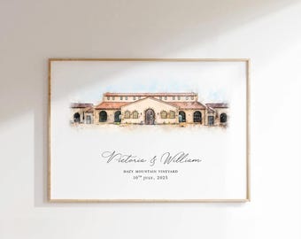 Illustration de mariage pour lieu personnalisé, cadeau d'anniversaire ou de mariage, à utiliser sur vos invitations de mariage, croquis d'illustration à l'aquarelle