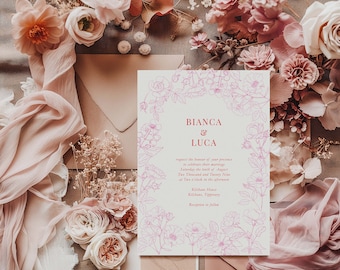 Rose Line Art Wedding Invitation: Pink Floral Border, Italian Watercolour Card