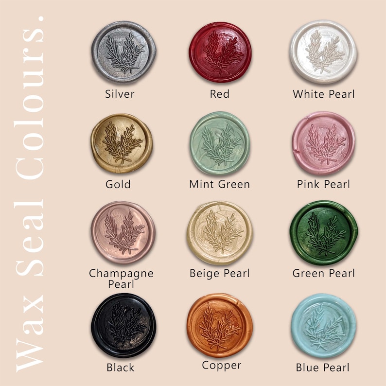 May include: A selection of wax seals in various colors, including silver, red, and gold. Each seal features a leaf design and is labeled with its color name. The text "Wax Seal Colours" is on the left side.
