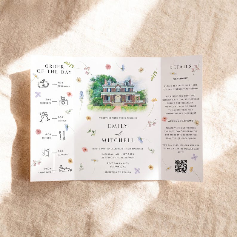 May include: A tri-fold wedding invitation with a watercolor illustration of a house. The invitation includes the order of the day, details, and the names "Emily and Mitchell." Floral and butterfly accents decorate the invitation.