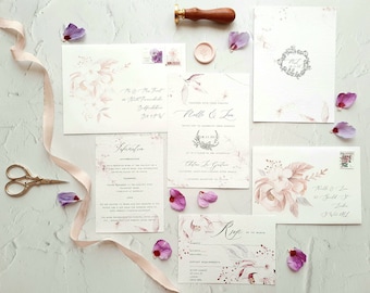 Noelle | White and Pink Floral Watercolour Wedding Invitation with Vellum Wrap