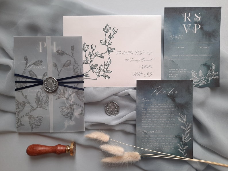 Paloma Midnight Watercolour Wedding Invitation on Pearlescent Shimmer Card, Winter Wedding Invite image 4