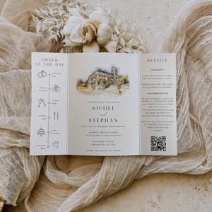 Nikolaus | Minimalistische Hochzeitseinladung im Klappformat mit Veranstaltungsort-Illustration, Initialen auf der Vorderseite, gefaltete Hochzeitseinladung mit QR-Code