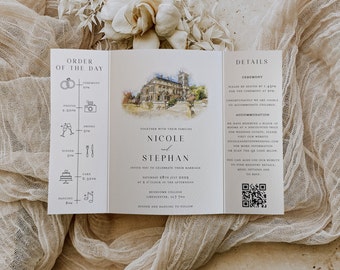 Nicole | Minimalist Gatefold Wedding Invitation with Venue Illustration and Initials on Front, Folded Wedding Timeline Invite with QR Code