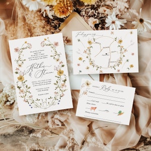 Heidekraut | Zarte Frühling Wiese Blumenkranz Hochzeitseinladung in sanften Pastell Aquarellfarben, Wildblumen Einladung, Landkarte Illustration