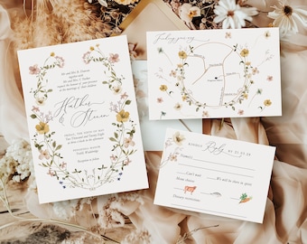 Watercolor Wildflower Wreath Wedding Invitation: Spring Meadow Design