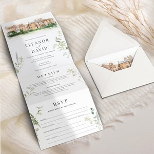 Invitación de boda de Eleanor / Concertina con vegetación e ilustración del lugar, invitación triple, invitación doblada, invitación de boda en la línea de tiempo