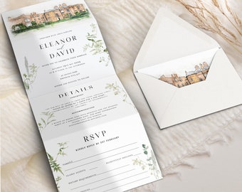 Greenery Concertina Wedding Invitation: Venue Illustration, Tri-Fold