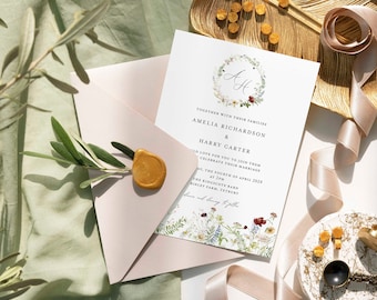 Spring Meadow Flower Wreath Wedding Invitation: Italian Watercolour Card (5x7 Invite)