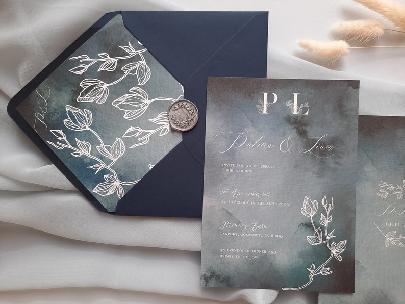 Paloma Midnight Watercolour Wedding Invitation on Pearlescent Shimmer Card, Winter Wedding Invite image 6