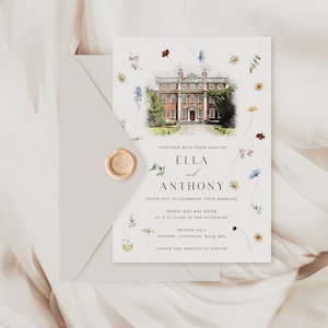 Ella | Geperste huwelijksuitnodigingen met aquarelbloemontwerp met een aangepaste locatieillustratie, Ditzy Floral Invite, Spring Flower Invite