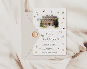 Ella | Pressed watercolour flower design wedding invitations with a customised venue illustration, Ditzy Floral Invite, Spring Flower Invite