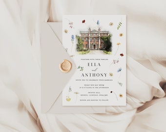 Watercolor Venue Wedding Invitations: Pressed Spring Flowers