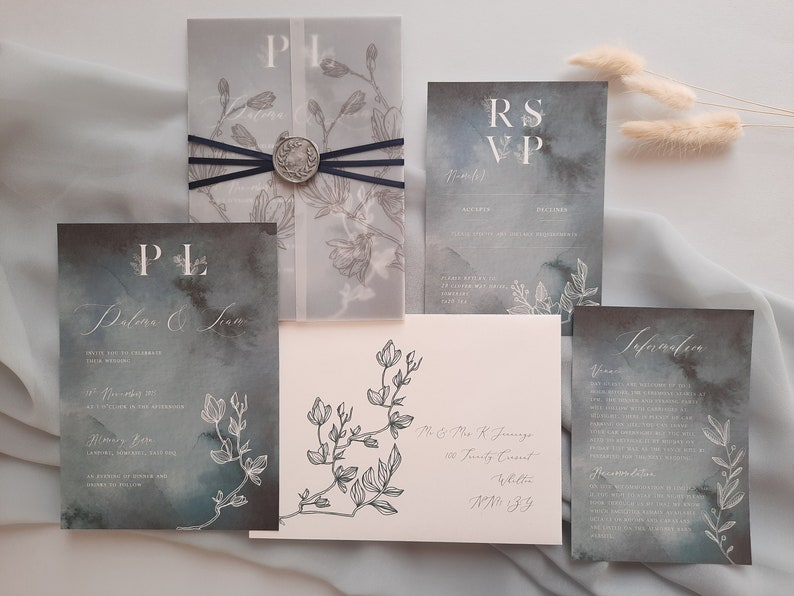 Paloma Midnight Watercolour Wedding Invitation on Pearlescent Shimmer Card, Winter Wedding Invite image 3