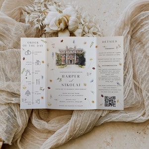 Harper | Gatefold Wedding Invitation with Pressed Watercolour Flower Design and Customised Venue Illustration, Folded Spring Flower Invite