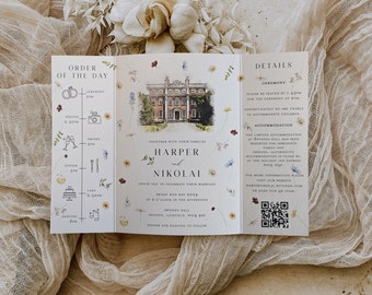 Harper | Gatefold Wedding Invitation with Pressed Watercolour Flower Design and Customised Venue Illustration, Folded Spring Flower Invite