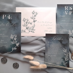 Paloma | Midnight Watercolour Wedding Invitation on Pearlescent Shimmer Card, Winter Wedding Invite