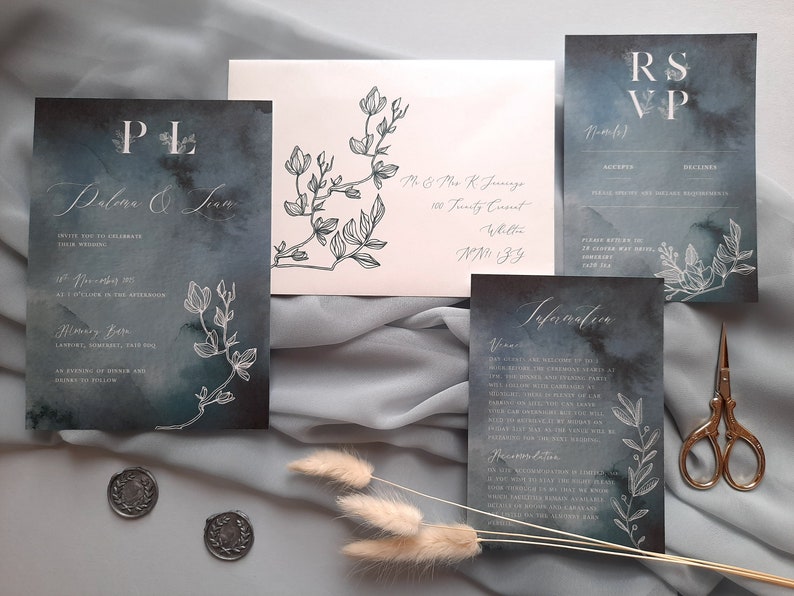 Paloma Midnight Watercolour Wedding Invitation on Pearlescent Shimmer Card, Winter Wedding Invite image 1