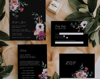 Black Wedding Invitation: Blush Pink Peonies & Burgundy Florals