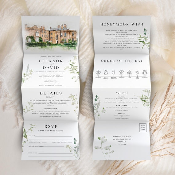 Greenery Concertina Wedding Invitation: Venue Illustration, Tri