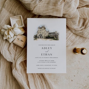 Adley | Minimalistische Hochzeitseinladung mit individueller Veranstaltungsort-Illustration, individuellem Veranstaltungsort-Skizzen-Design