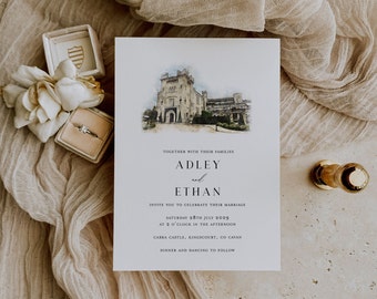 Adley | Minimalist Wedding Invitation with Customised Venue Illustration, Custom Venue Sketch Design, Destination Wedding 5x7 Invite