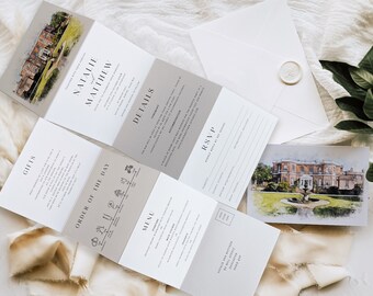 Venue Illustration Wedding Invitation: Concertina Folded Timeline Invite