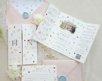 Scattered flower Gatefold Wedding Invitation with Custom Watercolour Illustration, Spring Pastel Watercolors