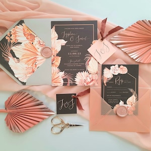 Josephina | Charcoal Grey, Peach and Blush Tones Pearlescent Wedding Invitation