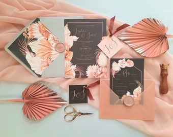 Josephina | Charcoal Grey, Peach and Blush Tones Pearlescent Wedding Invitation