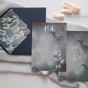 Paloma Midnight Watercolour Wedding Invitation on Pearlescent Shimmer Card, Winter Wedding Invite image 2