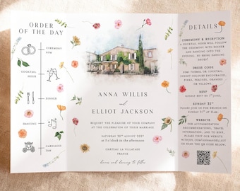 Sunflower Orange and Pink Gatefold Wedding Invitation with Custom Watercolour Venue Illustration, Scattered Florals