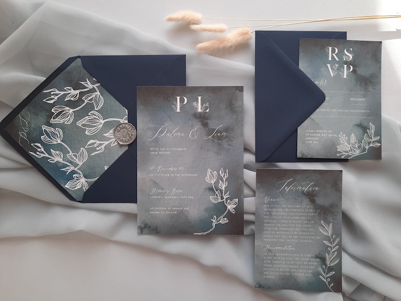 Paloma Midnight Watercolour Wedding Invitation on Pearlescent Shimmer Card, Winter Wedding Invite image 5