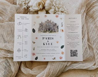 Paris | Peach Blossom Gatefold Wedding Invitation with Pressed Flower Design and a Customised Venue Illustration, Folded Invite