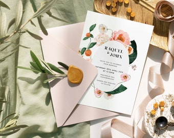 Pink Peony Wedding Invitation: Floral Border, Italian Watercolour Card