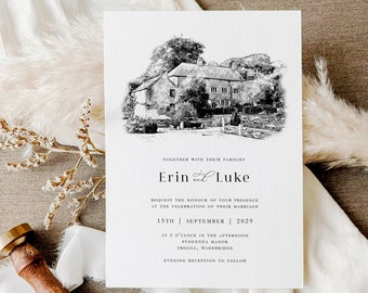 Minimalist Wedding Invitation: Venue Illustration, Black and White, 5x7